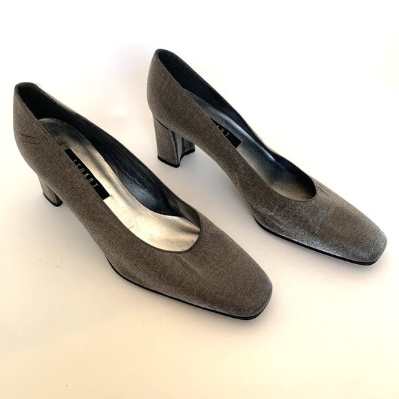 Stuart Weitzman Size 9 AA Silver Satin Square Toe Pumps Womans Shoes Heels - Picture 2 of 12
